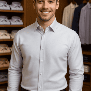 Sharp dressed man in a white dress shirt standing in front of neatly arranged men's clothing and shirts on shelves, promoting DeoVeritas high-quality men's apparel and fashion essentials.