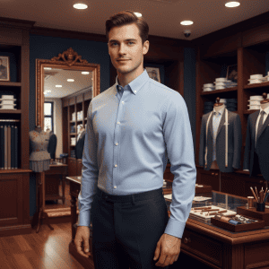Elegant men's dress shirt, tailored fit, in a luxury fashion store showcasing formal attire and accessories, ideal for professional and sophisticated style.