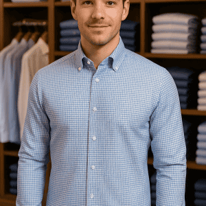 Men's stylish dress shirt in a checkered pattern, perfect for formal and office wear, showcased in a clothing store setting.