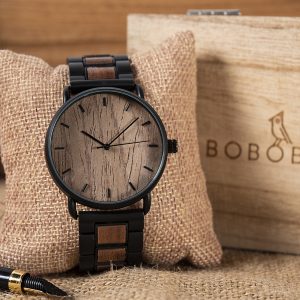 Minimalist Wooden Watch – Walnut Dial & Black Steel Bracelet