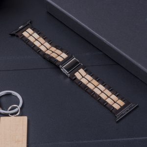 Black Stainless Steel & Light Wood Apple Watch Band