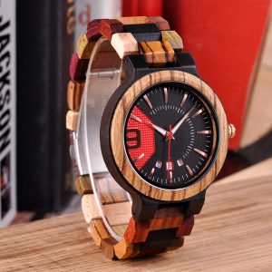 Multicolor Wooden Watch – Natural Wood & Bold Red Dial