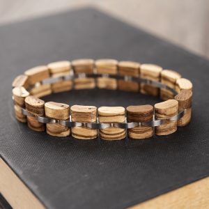 Handcrafted wooden and stainless steel bracelet for men and women, eco-friendly jewelry, stylish accessory, natural wood design, sustainable fashion statement, premium quality craftsmanship.