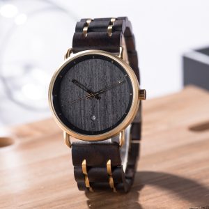 Elegant Wooden Watch – Ebony Wood & Gold Stainless Steel