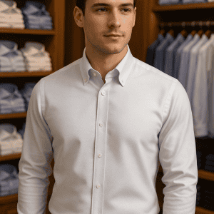Sophisticated young man trying on a white dress shirt in a men's clothing store, surrounded by neatly folded shirts on wooden shelves.