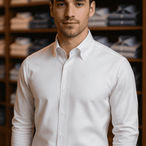 Elegant man in white dress shirt standing in clothing store with neatly folded clothes on shelves behind him.