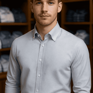 Clean-cut young man in dress shirt with shelves of folded jeans in background at DeoVeritas clothing store.