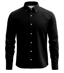 Elegant black dress shirt with white buttons, slim fit, long sleeves, classic collar, ideal for formal occasions and business attire.