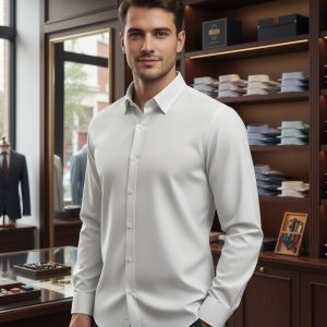 Emai shirt for men, elegant business attire, classic white dress shirt, tailored fit, perfect for formal occasions or office wear, from DeoVeritas collection.