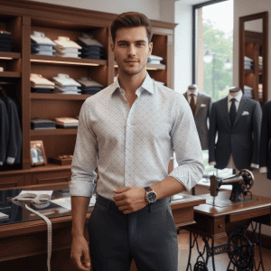 Elegant young man in a tailored dress shirt and pants inside a classic tailor shop, showcasing men's fashion and suit tailoring services for a refined, professional look.