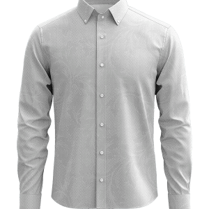 Men's white dress shirt with a subtle textured pattern, classic collar, and button front, suitable for formal or business attire. Perfect for professional settings and upscale events.