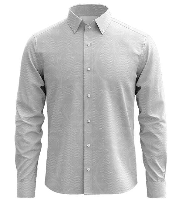 Men's white dress shirt with a subtle textured pattern, classic collar, and button front, suitable for formal or business attire. Perfect for professional settings and upscale events.