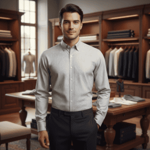 Deoveritas-men-in-suit-in-clothing-store.jpg, Elegant young man in a light-colored dress shirt and dark trousers standing in a tailored clothing store, showcasing premium men's fashion. , Stylish man in a suit shop dressed in a sophisticated shirt and pants, representing upscale men's fashion for modern professionals. , The image features a confident young man dressed in a tailored light-colored dress shirt and dark trousers, standing in a high-end clothing store with wooden shelves filled with neatly organized suits and shirts, emphasizing luxury men’s fashion and bespoke tailoring from DeoVeritas. Relevance.