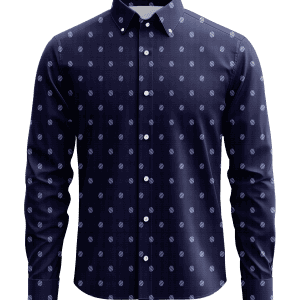 Mens navy blue dress shirt with white dotted pattern for stylish formal or business casual wear. Perfect for office, events, or everyday professional look. Crafted with quality fabric for comfort and elegance.