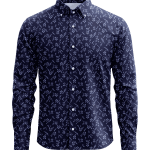 Elegant navy blue men's button-up shirt with a white floral pattern, perfect for casual and formal occasions, showcasing stylish design and high-quality fabric from DeoVeritas.