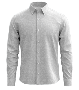 Luxurious men's dress shirt with intricate floral jacquard pattern in light gray, perfect for formal occasions and stylish office wear.