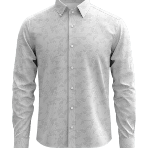 Elegant men's white dress shirt with subtle floral pattern, button-down collar, perfect for formal and professional occasions.