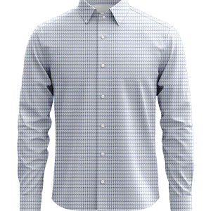 Patterned men's dress shirt with a geometric print, long sleeves, and button-up front, suitable for business and casual wear.