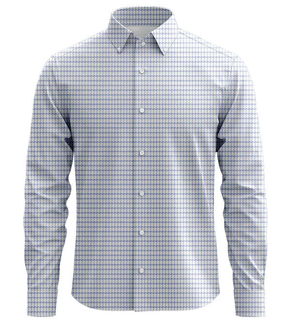 Patterned men's dress shirt with a geometric print, long sleeves, and button-up front, suitable for business and casual wear.