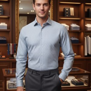Elegant men's dress shirt in a stylish blue and white pattern, perfect for professional or formal occasions.