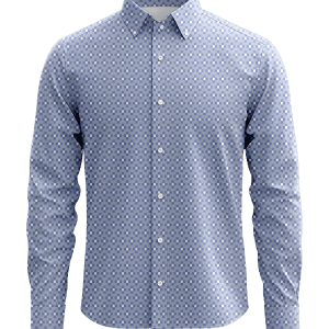 Blue patterned men's dress shirt with button-down collar, perfect for formal or business wear.