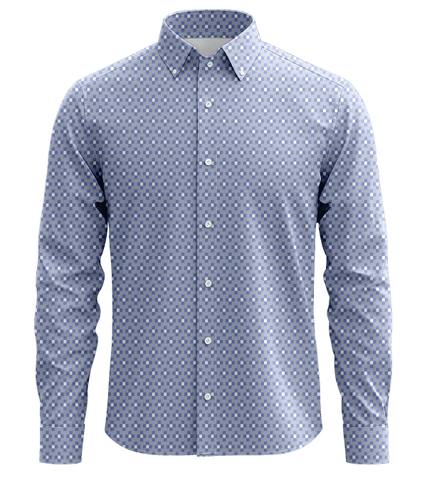 Blue patterned men's dress shirt with button-down collar, perfect for formal or business wear.