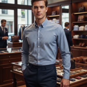 Elegant men's dress shirt in a checkered pattern, perfect for formal office wear. Designed for a sophisticated and professional look.