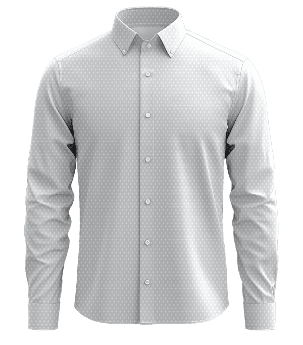 Patterned white men's dress shirt with button-down collar and long sleeves, ideal for formal or business occasions.
