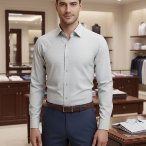 Sharp white patterned dress shirt for men, perfect for business or formal occasions, displayed in a luxury retail store setting.