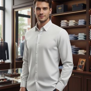 Plain white dress shirt for men, tailored and stylish, ideal for business or formal occasions. Perfect for a professional look with a modern fit.