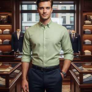 Business casual man wearing a green dress shirt in a tailored clothing store with suits and accessories on display, showcasing men's fashion and style.