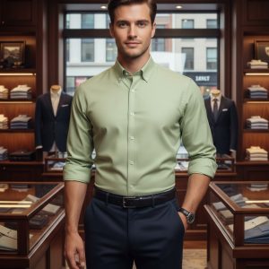 Elegant young man in a light green dress shirt in a tailored men's clothing store showcasing men's formalwear and accessories.