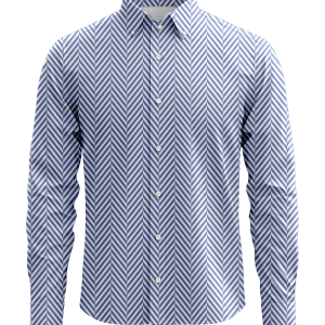 Sophisticated men's dress shirt with a blue and white chevron stripe pattern, perfect for business or formal occasions, showcasing quality and stylish design.