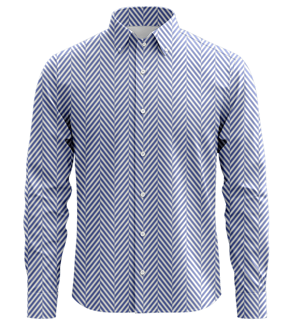 Sophisticated men's dress shirt with a blue and white chevron stripe pattern, perfect for business or formal occasions, showcasing quality and stylish design.