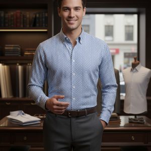 Luxurious men's dress shirt in a stylish blue and white geometric pattern, perfect for business or formal wear.