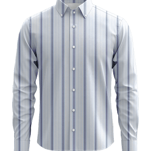 Stylish men's dress shirt with blue and white vertical stripes, button-down collar, and long sleeves, perfect for formal or business occasions.