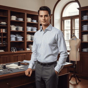 Elegant businessman in tailored shirt in the tailoring workshop with dressmaking tools and fabric samples, showcasing premium bespoke clothing services.
