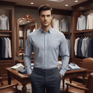 Blue checkered dress shirt for men in luxury clothing store.