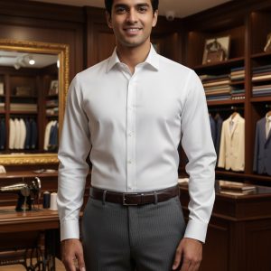 Business professional wearing a white dress shirt and gray pinstripe trousers inside a tailored clothing store for men, showcasing formal menswear and accessories for business attire.