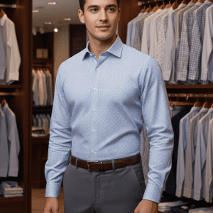 Smooth light blue men's dress shirt with subtle pattern, perfect for formal occasions and office wear. Rodeo-inspired, stylish, and comfortable, available at DeoVeritas.