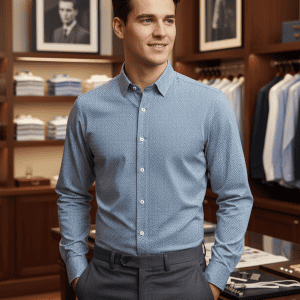 Elegant men's blue dress shirt displayed in a high-end clothing store. Perfect choice for formal occasions and business attire. Impeccably tailored to fit a modern, professional look.