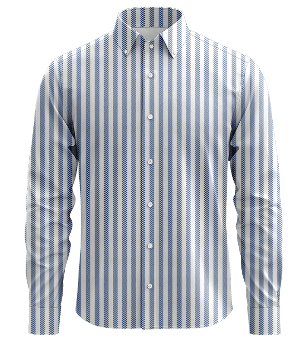 Men's blue and white striped dress shirt, button-down collar, perfect for professional or casual wear, stylish design, high-quality fabric, versatile fashion choice.
