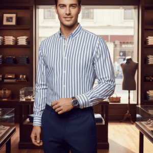 Elegant young man in a blue-striped dress shirt and navy trousers standing in a high-end boutique featuring accessories and clothing displays.