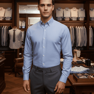 Classic men's light blue dress shirt in a sophisticated retail store setting.
