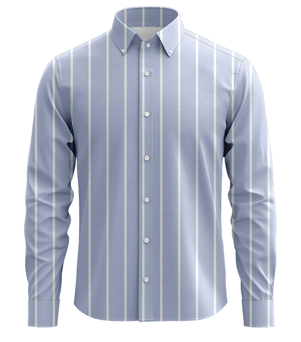 Striped men's dress shirt with a classic button-down collar, featuring a blue and white vertical pattern, ideal for professional or casual wear.