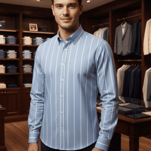 Men's stylish blue striped dress shirt in a tailored fit, perfect for professional or casual occasions, showcased in a high-end clothing store.