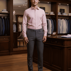 Men's formal dress shirt and tailored trousers in a luxury clothing store.