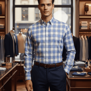 Luxurious men's checkered dress shirt in a sophisticated retail store setting.