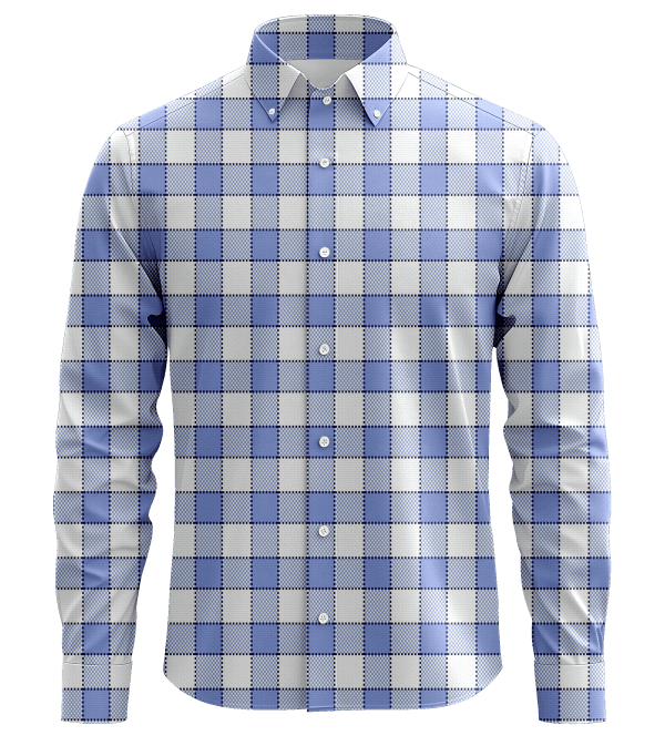 Blue and white checkered men's dress shirt with button-down collar, ideal for professional and casual occasions.