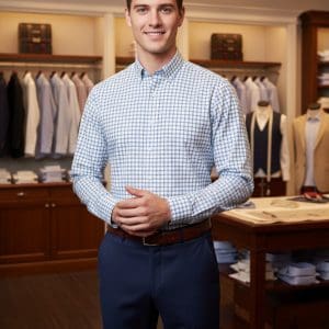 Sharp-dressed man in a checkered shirt shopping for men's fashion at DeoVeritas clothing store.